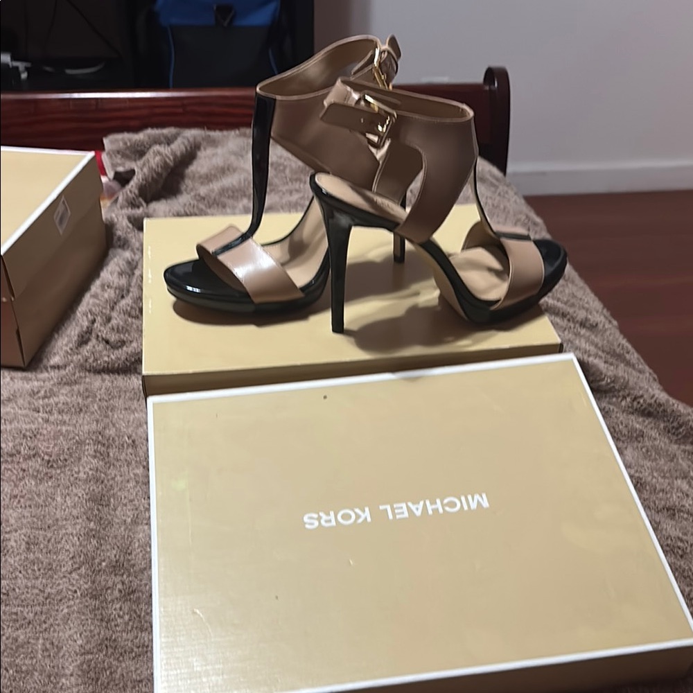 Michael Kors Black and Tan High Heeled Sandals